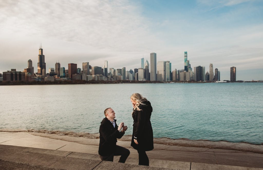 surprised proposal downtown Chicago proposal engagement I love you will you marry me