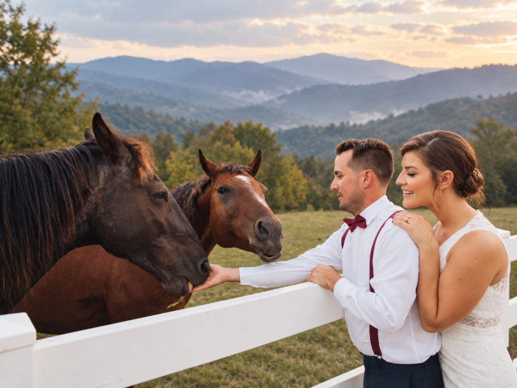 Bride and groom with horses overlooking the Smoky Mountains.