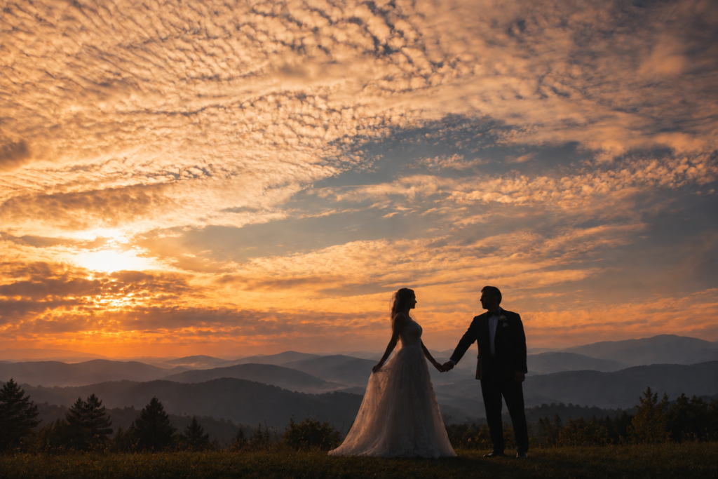 Wedding couple holding hands at sunset with the Smoky Mountains in the background.