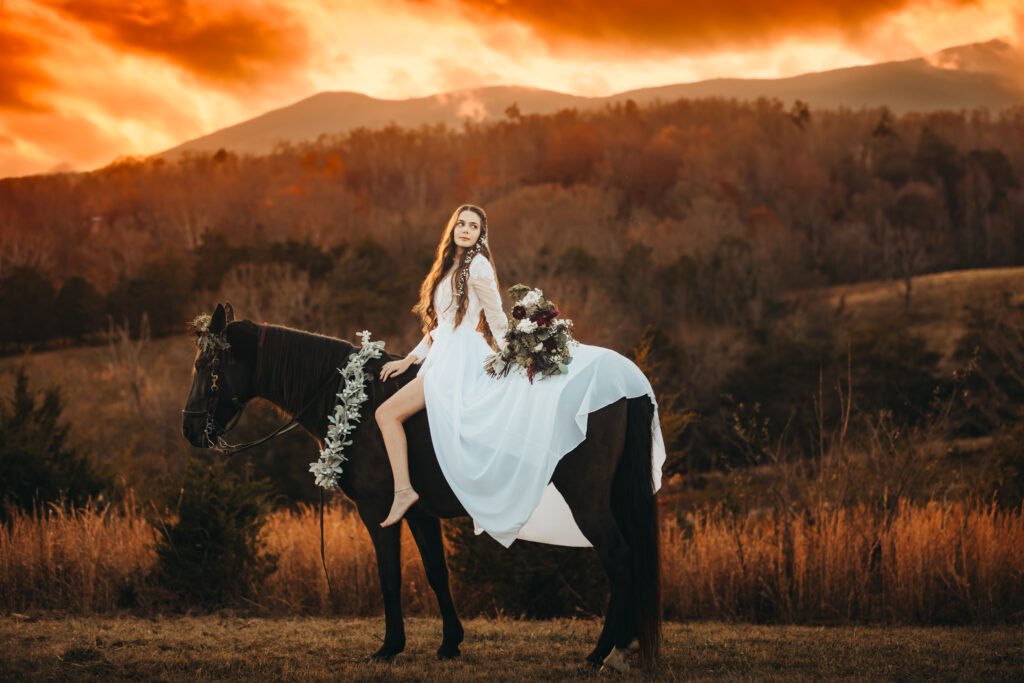 Bride riding a white horse in the Smoky Mountains
